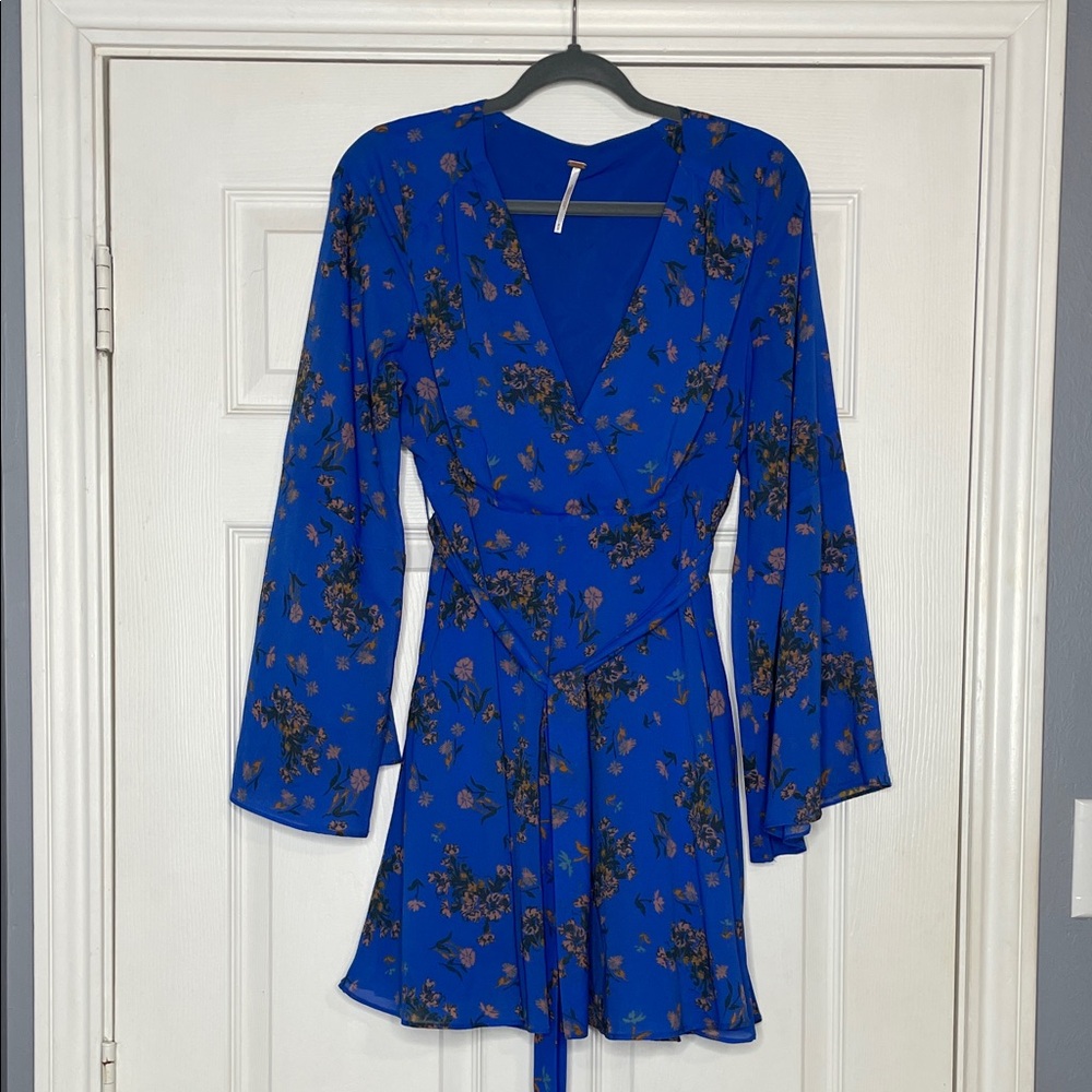 Free People Lilou Cobalt Blue Floral Wrap Dress with Bell Sleeves EUC Medium